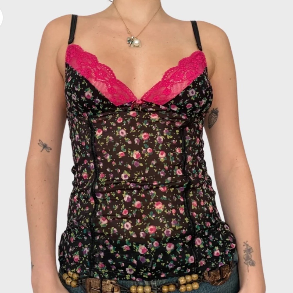 Dolce & Gabbana Vintage Black Floral mesh lace cami top bustier corset top S